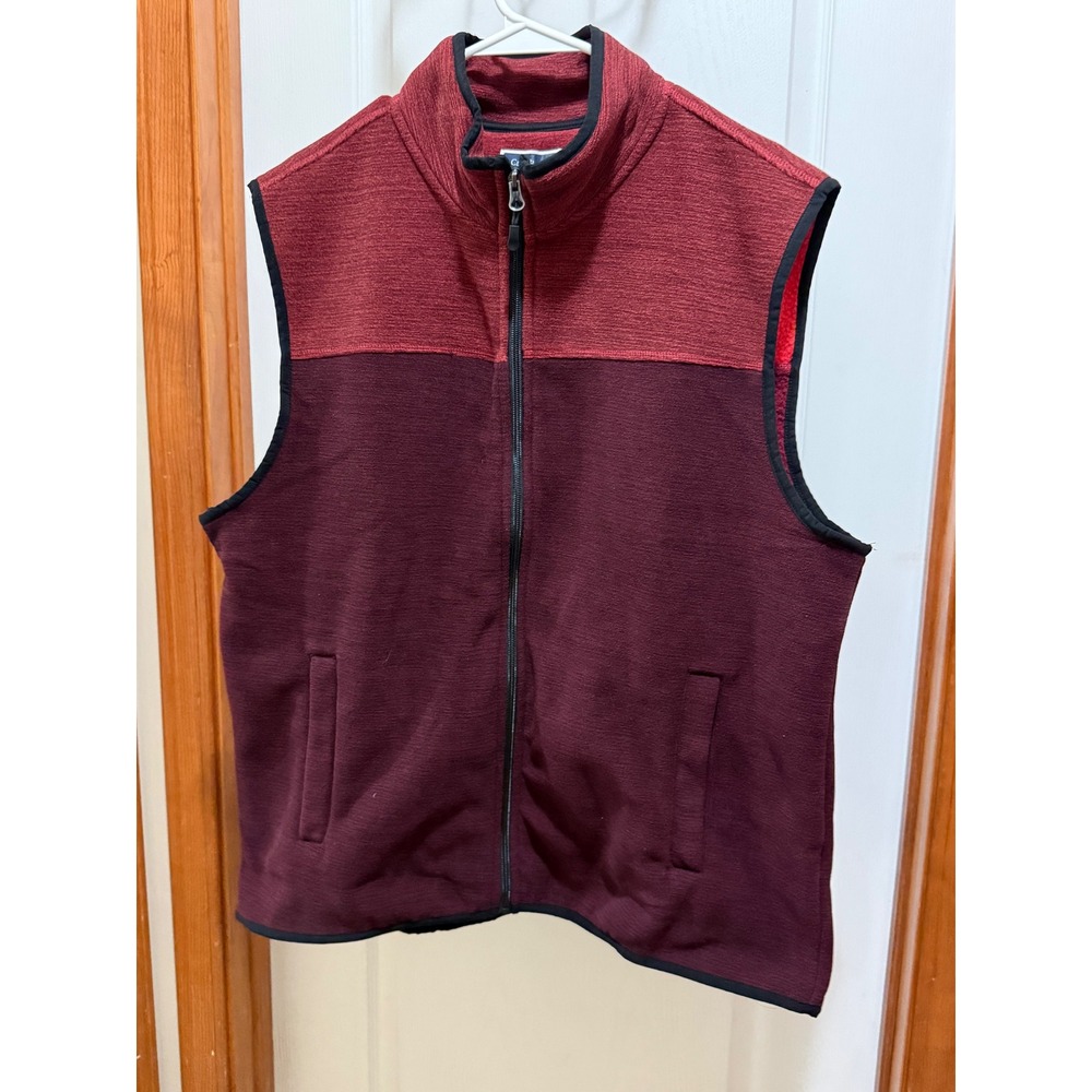 Club Room Mens Full Zip Fleece Vest Burgundy Maroon Two Tone Mock Neck L NEW